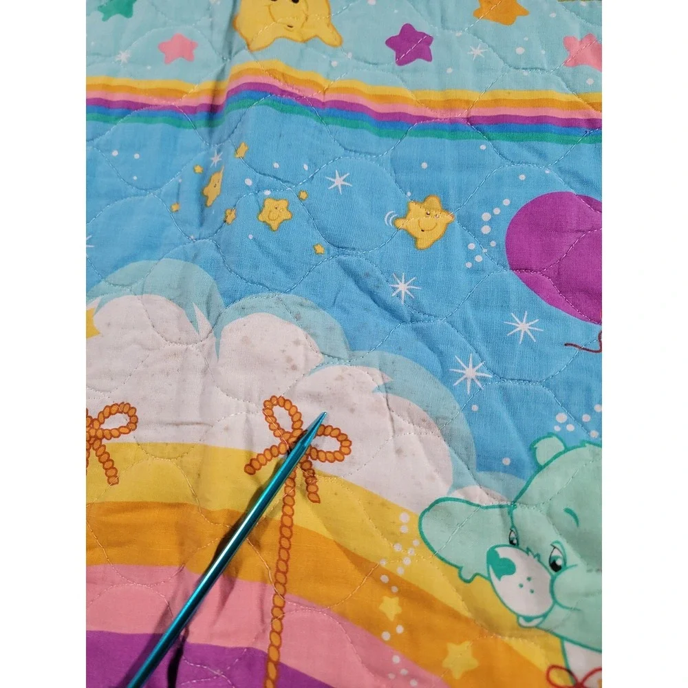 Vintage Care Bears Baby Blanket Crib Quilt Rainbow Trail Yellow Trim 41x33 Throw